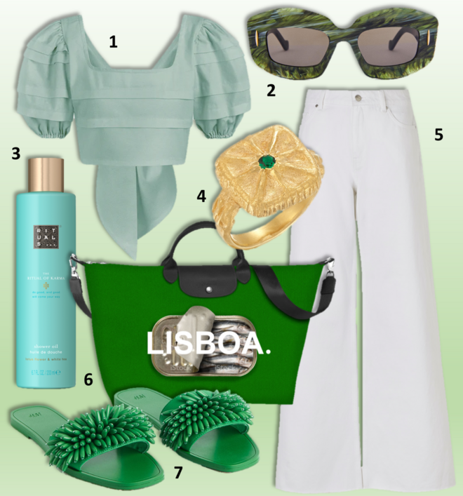 1. Top Frida, €70, Sienna; 2. Óculos de sol, €320, Loewe; 3. Óleo de banho The Ritual of Karma, €8,90, Rituals; 4. Anel Jua II, €90, Arcane Jewellery; 5. Calças, €39,99, Mango; 6. Saco Le Pliage Travel Bag, €250, Longchamp; 7. Sandálias, €32,99, H&M.