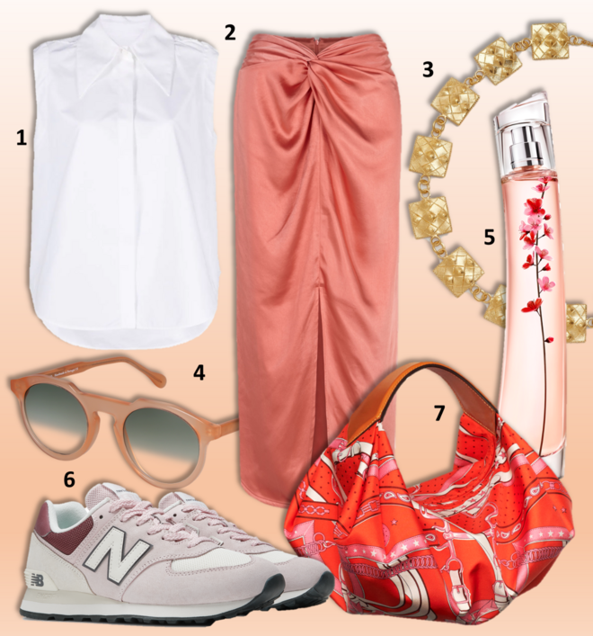 1. Camisa, €720, Jil Sander, na Stivali; 2. Saia Nerea, €39, Hoss Intropia; 3. Gargantilha Puebla, €375, Juliana Bezerra; 4. Óculos de sol Stylish, €150, Okiatto by Shamir; 5. Eau de parfum Flower Ikebana, 75 ml, €119,96, Kenzo; 6. Ténis 574, a partir de €110, New Balance; 7. Carteira Balusoie, €1650, Hermès.