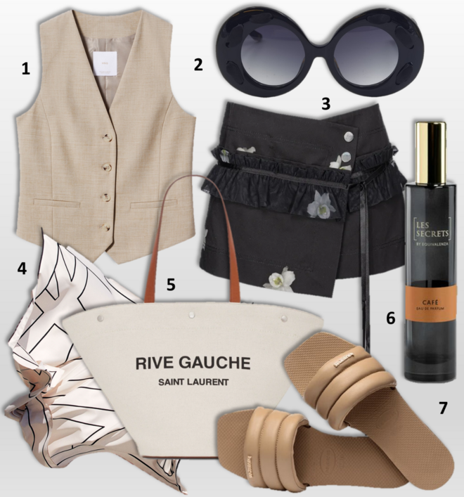 1. Colete, €25,99, Mango; 2. Óculos de sol C-Brigitte, €213, Paname na Óptica Boavista; 3. Saia, €295, Pinko by Patrick McDowell; 4. Lenço, €15,99, H&M; 5. Carteira, €1690, Saint Laurent, na Stivali; 6. Eau de parfum Café da coleção Les Secrets, €19,95, Equivalenza; 7. Sandálias You Milan, €47, Havaianas. 