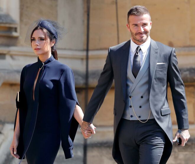 David e Victoria Beckham no casamento de Harry e Meghan, em Windsor.