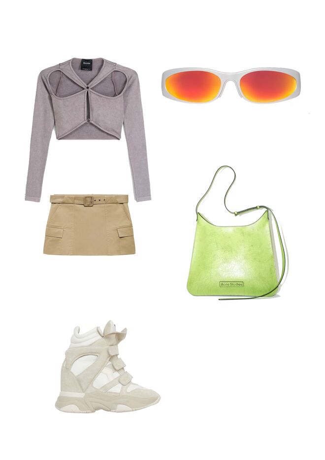 Top em malha, €19,99, Bershka; Saia em algodão, €35,99, Mango; Óculos em massa, €595, Balenciaga; Carteira em pele, €1050, Acne Studios; Ténis em pele e camurça, €495, Isabel Marant.