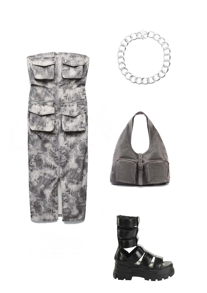 Vestido em sarja, €49,95, Zara; Colar em metal, €15,99, Mango; Carteira em sarja, €19,99, Pull&Bear; Sandálias em pele, €99,90, Buffalo.