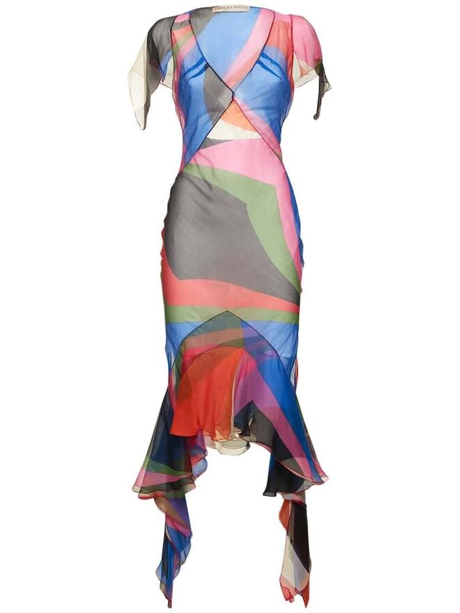 Vestido em chiffon, agora €855, Pucci em Luisaviaroma.com.