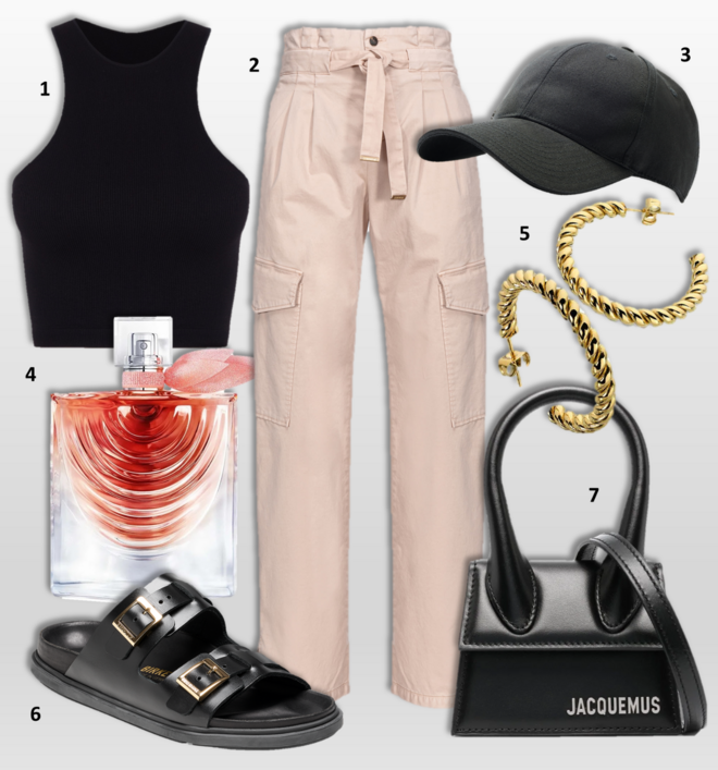 1.Top, €16,99, Women’Secret; 2. Calças, €295, Pinko, 3. Boné, €14,99, Deichmann; 4.  Eau de parfum La Vie est Belle Iris Absolu, 50ml, €106,90, Lancôme na Perfumes & Companhia; 5. Argolas My Way, €39,90, Anjewels; 6. Sandálias St. Barths, €200, Birkenstock; 7. Carteira Le Chiquito, €490, Jacquemus na Stivali.  