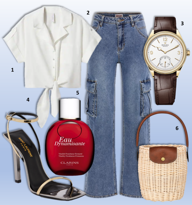 1.Camisa, €27,99, Mango; 2. Calças, €160, Guess; 3. Relógio 1908, €22 400, Rolex; 4. Sandálias, €895, Saint Laurent; 5. Eau Dynamisante, €58, Clarins; 6. Carteira Bucket S, €480, Longchamp.