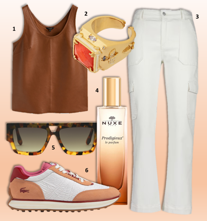 1.Top, €149, Massimo Dutti; 2. Anel The Garden Secret, €80, Carolina Curado; 3. Calças, €39,99, Green Coast, no El Corte Inglés; 4. Eau de parfum Prodigieux® Le parfum, 50ml, €59,50, Nuxe; 5. Óculos de sol, €315, Victoria Beckham; 6. Ténis L-Spin, €59, Lacoste.