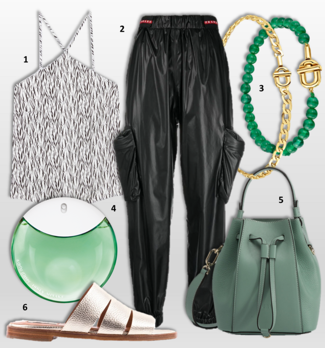 1.Top, €35,90, Intimissimi; 2. Calças, €1450, Prada; 3. Pulseiras Manisfesto, €119 e €129, Tous; 4. Eau de parfum A Drop d’Issey Essentielle, 50ml, €99,25, Issey Miyake; 5. Carteira Miastella, €335, Furla; 6. Sandálias, €99,90, Zilian. 