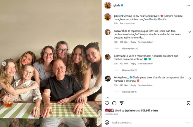 Captura de ecrã da conta de Instagram de Gisele Bündchen: @gisele