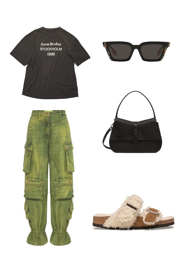 T-shirt em algodão, €210, Acne Studios. Calças em ganga, €923, Elisabetta Franchi. Óculos em 
massa, €210, Burberry na Sunglass Hut. Carteira em pele, €495, Furla. Sandálias em camurça e 
carneira, €160, Birkenstock.