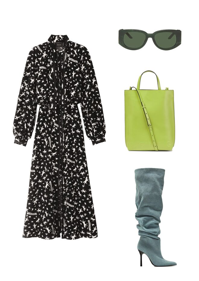Vestido em crepe, €690, Longchamp. Óculos em massa, €275, Casablanca em Ssense.com. 
Carteira em pele, €275, Ganni em Mytheresa.com. Botas em denim, €59,95, Zara.