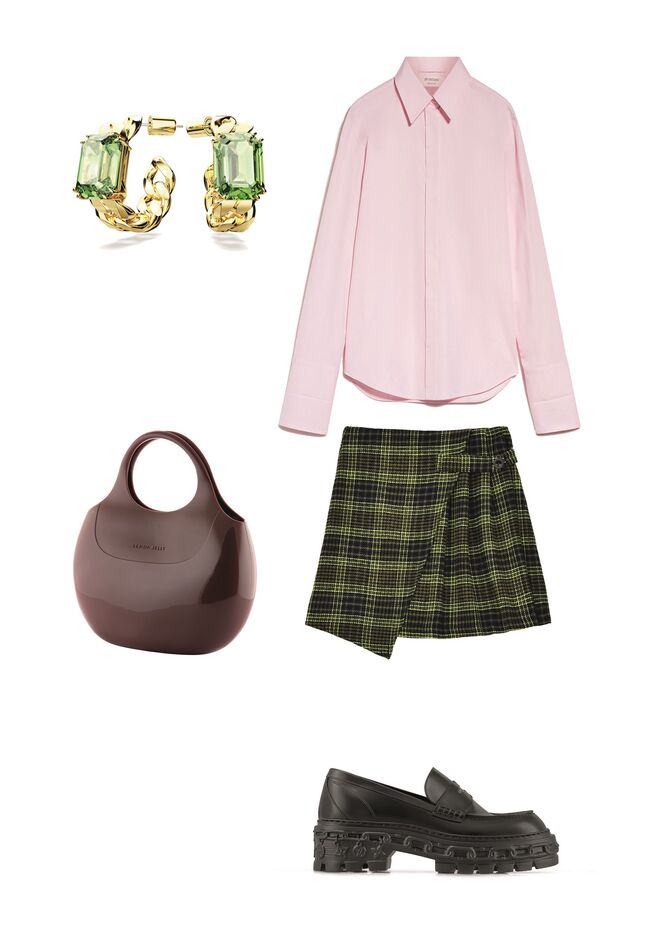 Camisa em popeline, €229, Sportmax. Saia em lã, €53,20, Lili Sidónio. Brincos Millenia lacados a 
dourado,€175, Swarosvki. Carteira em PVC, €79,90, Lemon Jelly. Sapatos em pele, €920, Louis 
Vuitton.