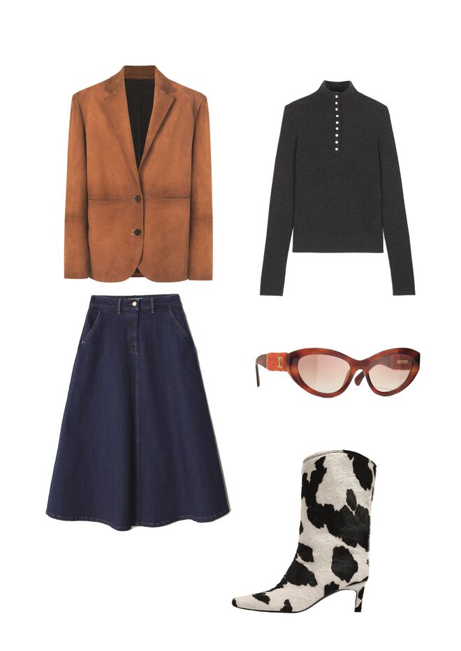 Casaco em nobuk, €219,99, Mango. Camisola em lã, €225, Bash. Saia em ganga, €79,95, 
Salsa. Óculos em massa, Chanel. Botas em pelo de ponei, €385, Bimba Y Lola.