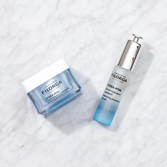  Creme hidratente preenchedor,€54,90, e sérum de hidratação e volume intensivo, €54,90, Hydra Hyal, Filorga