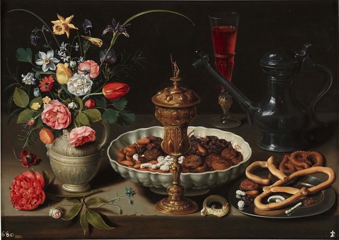 (Still Life with Flowers, a Silver-gilt Goblet, Almonds, Dried Fruit, Sweetmeats, Bread sticks, Wine and a Pewter Pitcher, 1611 de Clara Peeters