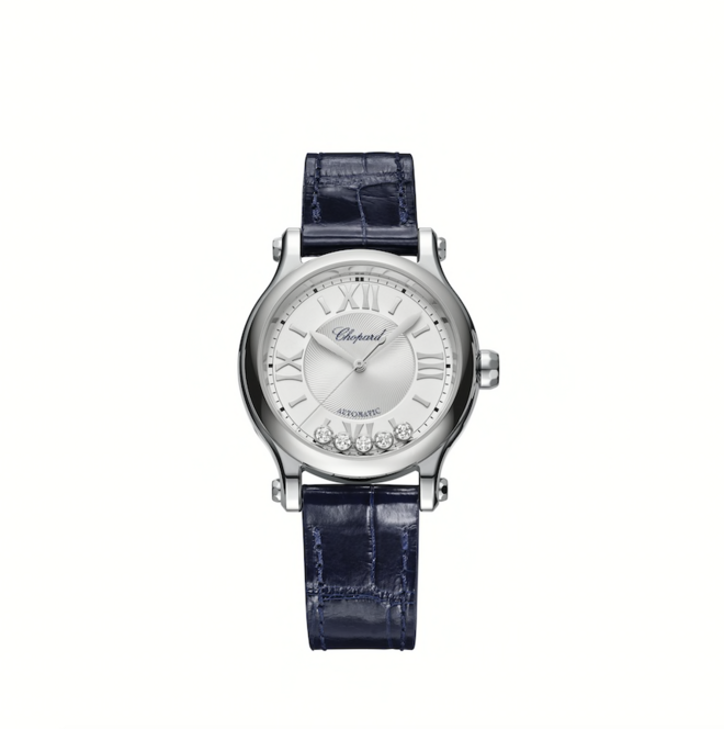 Relógio Happy Sport 33mm, automático em aço e pele com diamantes, €8.860, Chopard.