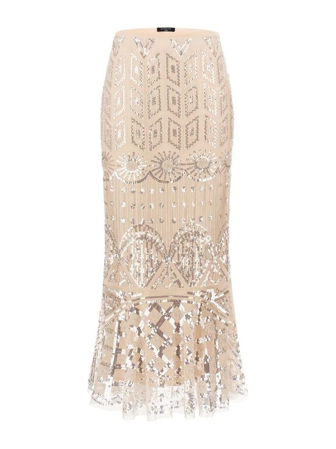 Saia em crepe com lantejoulas, €280, Mango.