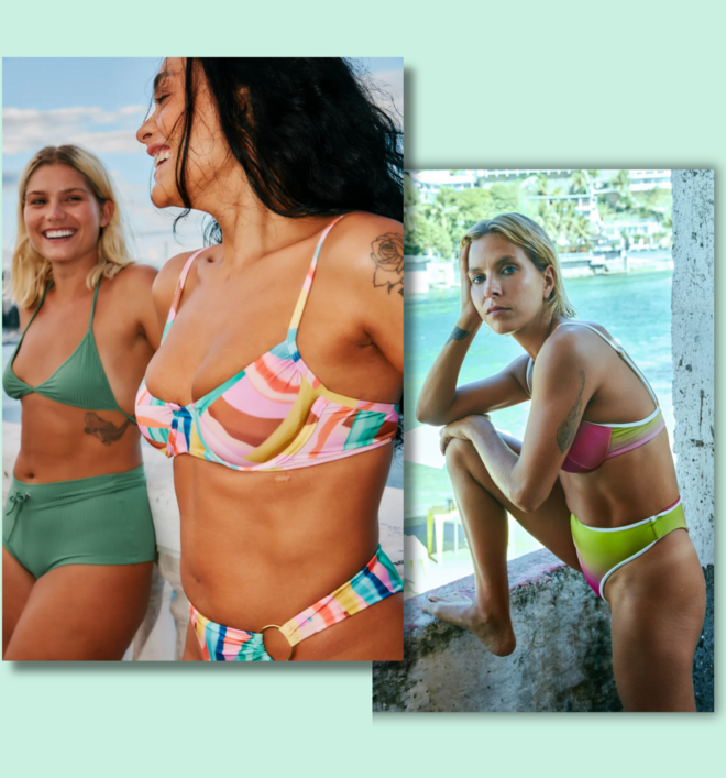 GRAUS Top e cuecas jane in Spinach, €53,90 e €44,10. Top e cuecas Aria in Split Pea, €53,90 e €44,10. Top Stormi in Bisque, e53,90, e cuecas Luna in Bisque, €44,10.