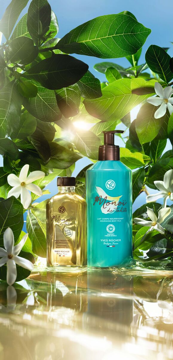 Óleo nutritivo, 100ml, €16,95, e leite nutritivo, 100ml, €12,95, da coleção Monoï, Yves Rocher.