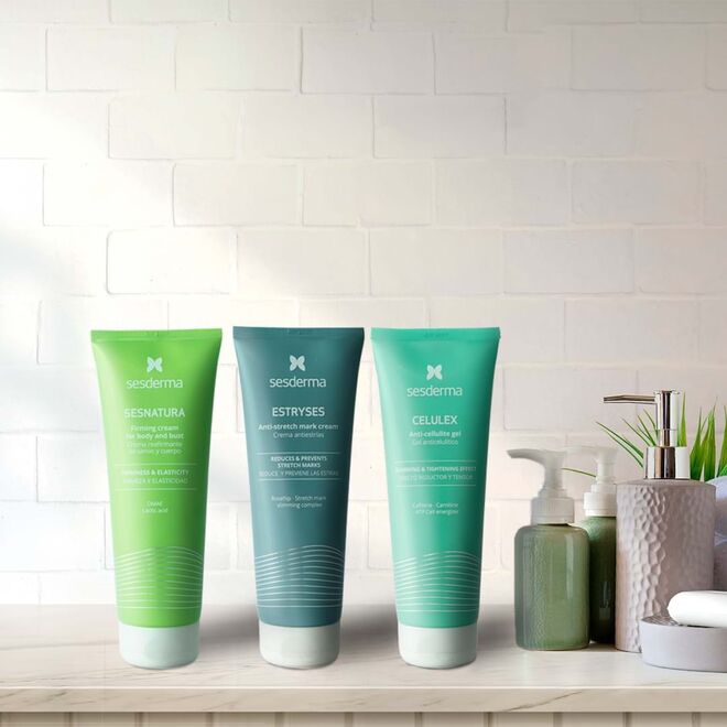 Creme Refirmante Seios e Corpo Sesnatura, 200ml, €39,95, loção Anti Estrias Estryses, 200ml, €32,95, e Gel Anticelulítico Celulex, 200ml, €44,95, Sesderma.
