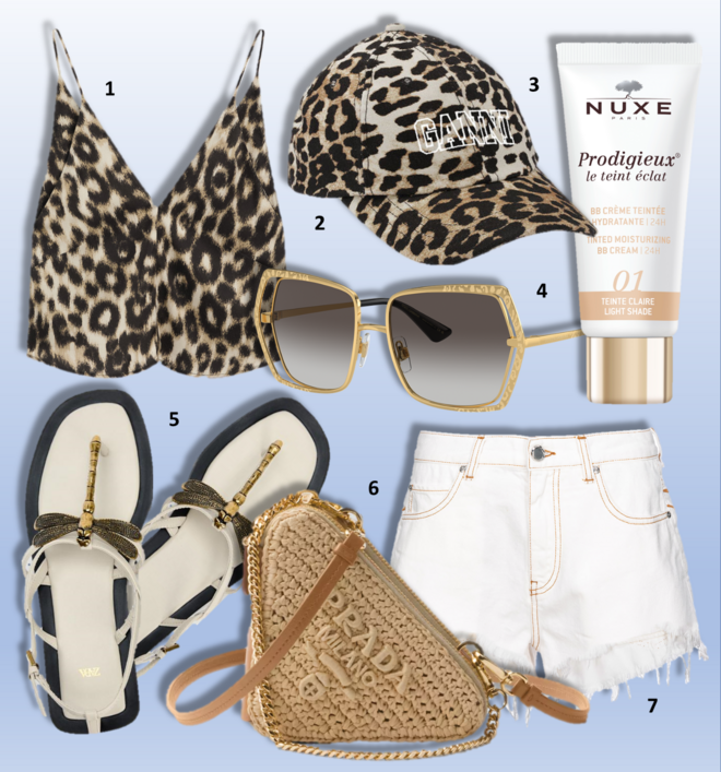 LOOK 1 | 1.Top, €49,95, Massimo Dutti; 2. Óculos de sol,  Dolce & Gabbana (preço sob consulta); 3. Boné, €95, Ganni; 4. Creme hidratante Nuxe Prodigieux BB Cream com cor 24horas, 30ml, €25,90,Nuxe;  5. Sandálias, €39,95, Zara; 6. Carteira, €1100, Prada; 7. Calções, €175, Pinko.