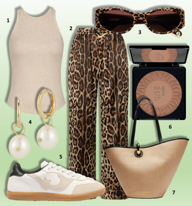 LOOK 2 | 1.Top, €25, Sloggi; 2. Calças, €1350, Dolce & Gabbana; 3. Óculos de sol Les lunettes Ovalo , €320, Jacquemus; 4. Brincos da coleção Pérolas Barrocas, €594,95, Mateo; 5. Ténis Crew, €215, Ba&Sh; 6. Pó compacto Mineral Satin Bronzer da coleção Vacay Dreamin, €21,95, Make Up Factory exclusive na Perfumes & Companhia; 7. Carteira Le Bombola, €1090, Jacquemus.