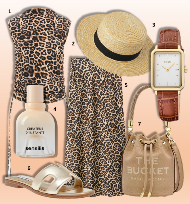 LOOK 3 | 1.Top, €60, Guess; 2. Chapéu, €17,99, Parfois; 3. Relógio Dare Leather, €119, One; 4. Eau de toilette Créateur d’Instants, €35, Sensilis; 5. Saia, €29,99, Parfois; 6. Sandálias, €99,99, Steve Madden; 7. Carteira The Bucket, €475, Marc Jacobs 