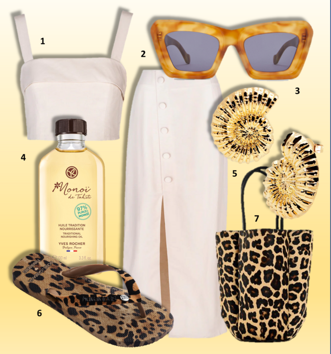 LOOK 4 | 1.Top Amuse, €99, Almande; 2. Saia Allure, €120, Almande; 3. Óculos de sol Beveled Cateye, €320, Loewe; 4.  Óleo nutritivo Monoï de Tahiti, €16,95, Yves Rocher; 5. Brincos, €109,90, Eugénio Campos; 6. Chinelos Top Animais, €120, Dolce & Gabbana X Havaianas; 7. Carteira, €79,95, Zara.   