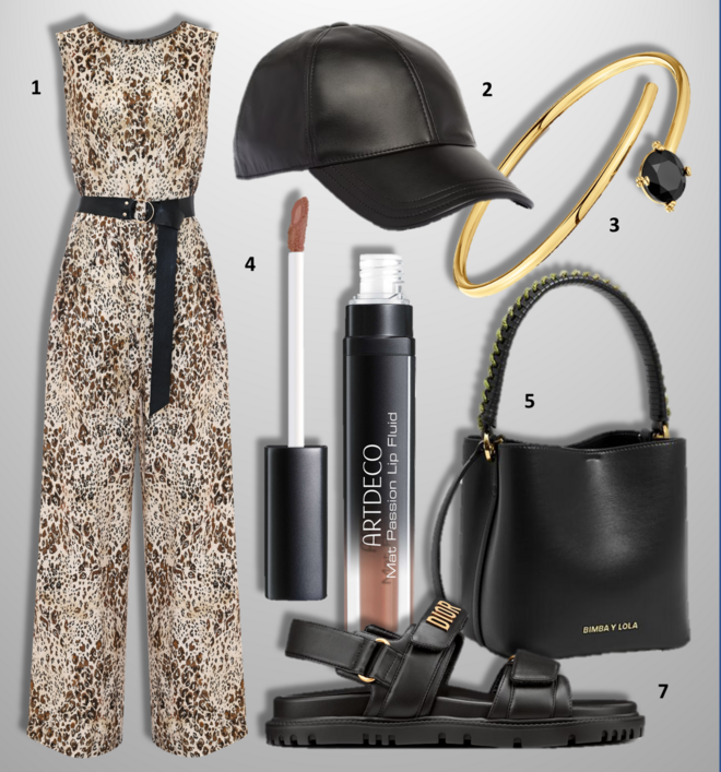 LOOK 5 | 1. Macacão Desiree, €209, Kocca; 2. Boné, €750, Prada; 3. Pulseira, Tous (preço sob consulta); 4. Batom Mate Passion Lip Fluid, €13,95, Artdeco exclusivo na Perfumes & Companhia; 5. Carteira Chihuahua, €225, Bimba Y Lola; 6. Sandálias Dioract, €990, Dior. 