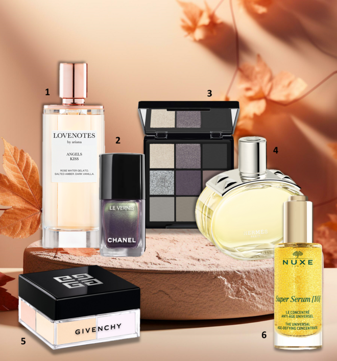 1. Eau de parfum Love Notes – Angel Kiss, 125ml, €79,95, Ariana Grande, exclusivo na Douglas; 2. Verniz no tom 189 Phénomène, €32, Chanel; 3. Paleta de sombras Pro Effect da coleção Be The Rebel, €18,95, Make Up factory exclusivo na Perfumes & Companhia; 4. Perfume Barénia, 100ml, €159, Hermès; 5. Pó solto Prisme Libre nº2, €59,02, Givenchy Beauty; 6. Super Serúm [10], 50ml, €99,45, Nuxe.  