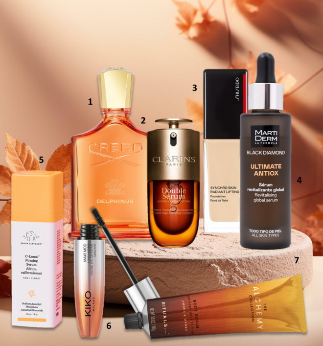 1. Perfume Delphinus, 100ml, €330, Creed na Boutique dos Relógios Plus; 2. Sérum Double Serum, 30ml, €103, Clarins; 3. Base Synchro Skin Radiant Lifting Foundation, 30ml, no tom 110 Alabaster, €60, Shiseido; 4. Serúm Revitalizante Black Diamond Ultimate Antiox, €75,80, MartiDerm; 5. C-Luma™ Hydrabright Serum, €82,99, Drunk Elephant na Sephora; 6 .Máscara de pestanas New Maxi Mod, €12,99, Kiko Milano; 7. Esfoliante de corpo The Alchemy Collection (edição Limitada), 100g, €13,90, Rituals. 