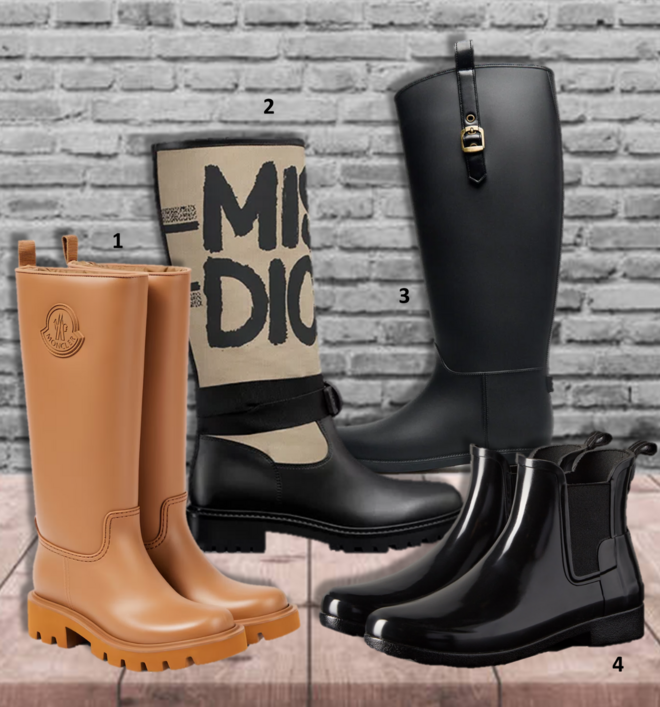 1. Botas, €550, Moncler, em mytheresa.com; 2. Botas D-Major, €1490, Dior; 3. Botas, €69,99, Cortefiel; 4. Botins, €150, Hunter. 