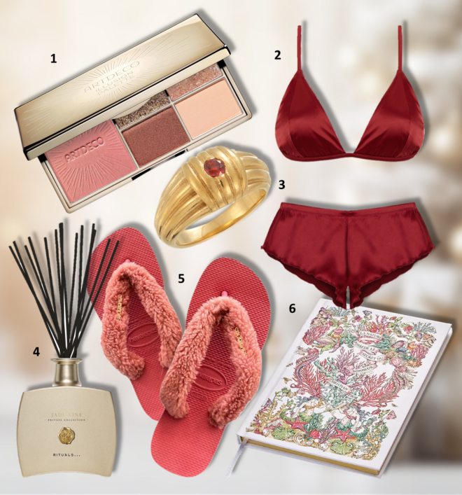 1. Paleta de sombras Illusion da coleção Glam Collectables (edição limitada), €16,95, Artdeco, exclusivo na Perfumes & Companhia; 2. Soutien, €26,99, e culottes, €14,99, Belén Hostalet x Women’Secret; 3. Anel Uma História, €90, Arcane Jewellery; 4. Sticks perfumadores The Private Collection Sweet Jasmine, €54,90, Rituals; 5. Chinelos Top Fluffy, €40, Havaianas; 6. Notebook, €75, Dior. 