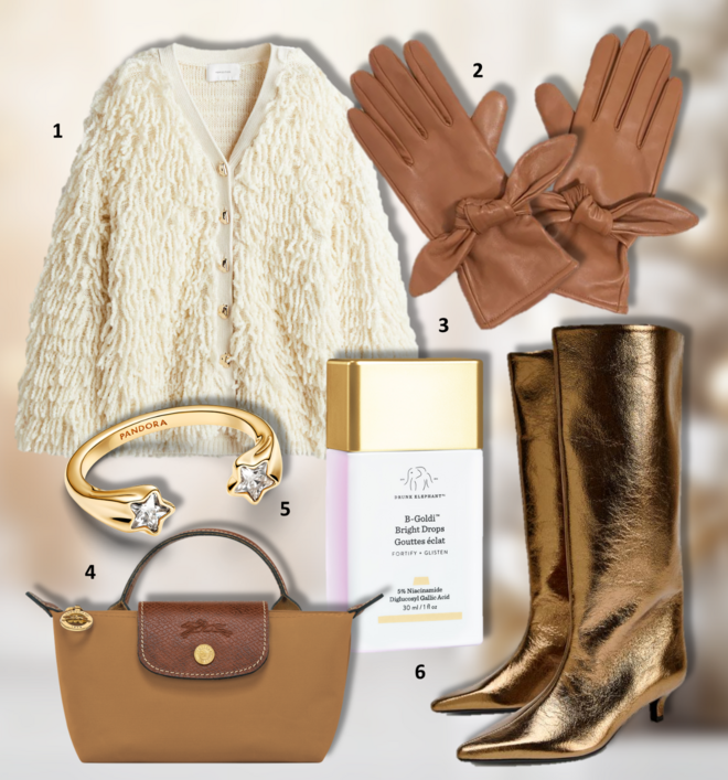 1. Cardigan, €89,99, H&M; 2. Luvas, €95, Bimba Y Lola; 3. Sérum iluminador B-Goldi Bright Drops,30ml, €40,99, Drunk Elephant, exclusivo na Sephora; 4. Carteira Le Pliage Original Pouch with Handle, €85, Longchamp; 5. Anel Shooting Stars, €69, Pandora; 6. Botas, €59,95, Zara. 