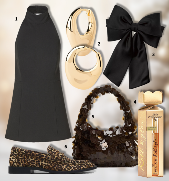 1. Vestido, €59,99, Mango; 2. Brincos Vulcano, €95, PDPAOLA na Boutique dos Relógios; 3. Gancho, €5, Primark; 4. Cracker Roll-On Huile Prodigieuse, €10,90, Nuxe; 5. Carteira, €29,95, Zara; 6. Mocassins, €99,95, Massimo Dutti. 