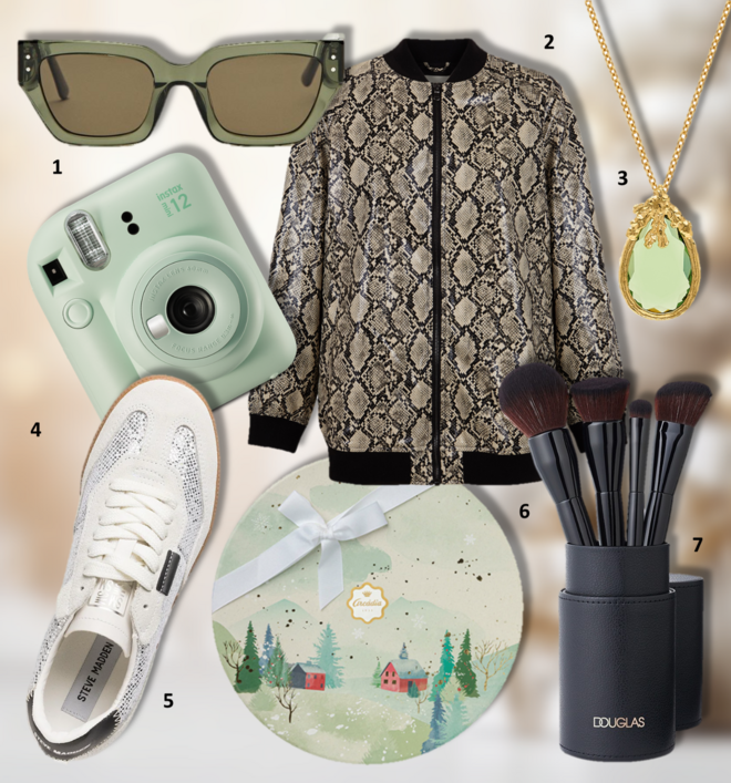 1. Óculos de sol, €59,95, Massimo Dutti; 2. Bomber, €59,99, Slowlove; 3. Colar, €84,90, Eugénio Campos; 4. Câmara Instax Mini 12, €89,99, Instax; 5. Ténis Emporia, €99,99, Steve Madden; 6. Cabaz Bola de Neve, €50, Arcádia; 7. Conjunto de pincéis de maquilhagem, €39,99, Douglas. 