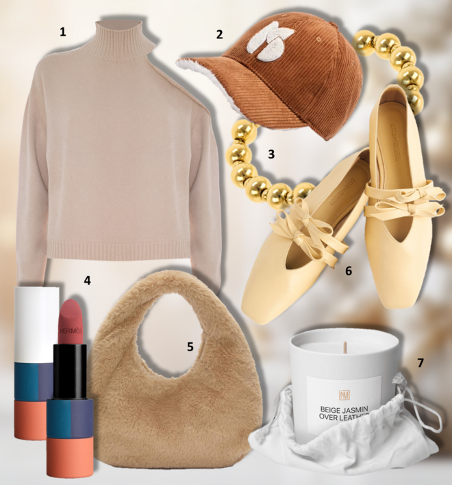 1. Camisola Darina, €99,10, Kocca; 2. Boné Harry, €75, ba&sh; 3. Pulseira Infinity, €39, One; 4. Batom Rouge Hermès no tom 73 Rouge Nappa, €73, Hermès; 5. Carteira, €17,99, Pull & Bear; 6. Sabrinas, €49,95, Parfois; 7. Vela perfumada Beige Jasmin Over Leather, €43, Next Memory Atelier.  