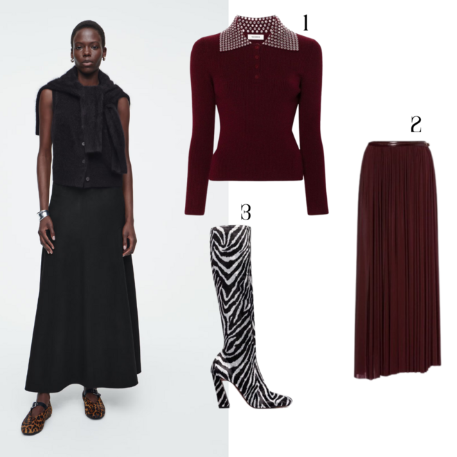 Look de inspiração COS. 1. Camisola em malha, €195, Sandro Paris; 2. Saia comprida, €900, Philosophy di Lorenzo Serafini; 3. Botas de cano alto, €1000, Amina Muaddi.