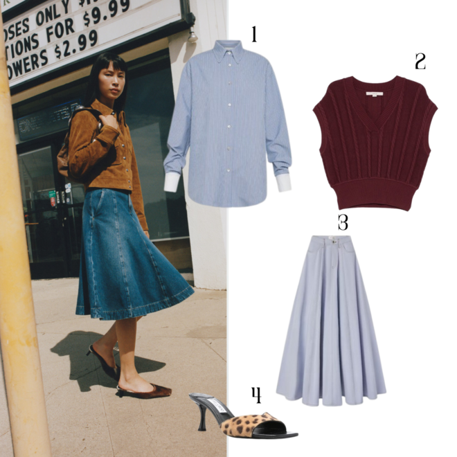 Look de inspiração Mango. 1. Camisa, €390, Forte_forte; 2. Colete em malha, €200, Remain; 3. Saia, preço sob consulta, Frame+Carolina Herrera; 4. Mules, €825, Jimmy Choo.