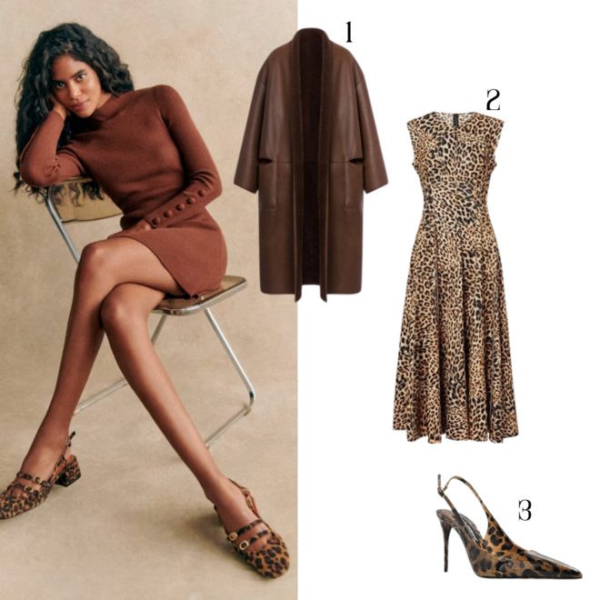 Look de inspiração Sèzane. 1. Casaco em pele, preço sob consulta, Philosophy di Lorenzo Serafini; 2. Vestido, €300, Norma Kamali; 3. Sapatos, €995, Dolce & Gabbana.
