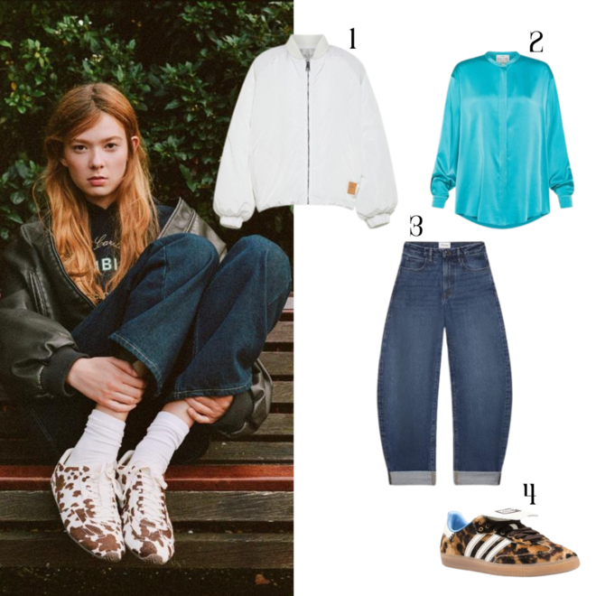 Look de inspiração Zara. 1. Bomber, €890, Forte_forte; 2. Camisa, €495, Forte_Forte; 3. Jeans, €235, Frame; 4. Ténis, €1252, Adidas x Wales Bonner Samba.