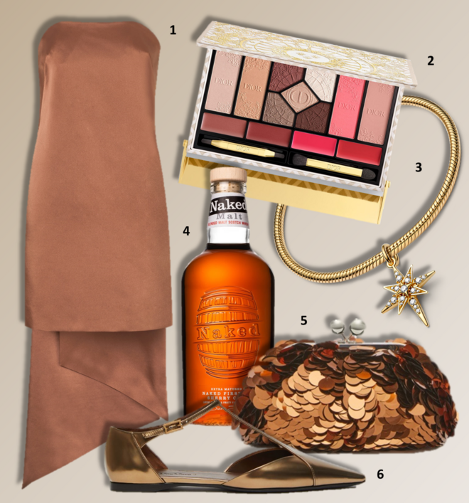 1. Vestido, €89,99, Mango; 2. Paleta de sombras Dior Couture Limited Edition, €135, Dior Beauty; 3. Conta Pendente Pandora Sparkling North Star Dangle, €99, Pandora; 4. Whisky The Naked Malt, €32,95; 5. Clutch, €249, Weekend Max Mara; 6. Sapatos, €519, Max Mara.