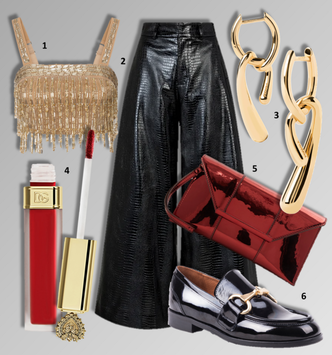 1. Top, €582, Elisabetta Franchi; 2. Calças, €237,95, The Kemist; 3. Brincos Twist, €159, PDPAOLA na Boutique dos Relógios; 4. Batom Everkiss Liquid, €43, Dolce & Gabbana; 5. Clutch, €59,95, Aldo; 6. Mocassins, €139,90, Zilian.