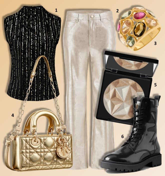 1. Top, €39,95, Salsa; 2. Calças, €130, Guess; 3. Anel Disco, €159,90, Eugénio Campos; 4. Carteira Lady D-Joy Micro, €3000, Dior; 5. Iluminador Pro-Effect Highlighter Icy Glam, €21,95, Make Up Factory, exclusivo na Perfumes & Companhia; 6. Botas, €180, Gant.