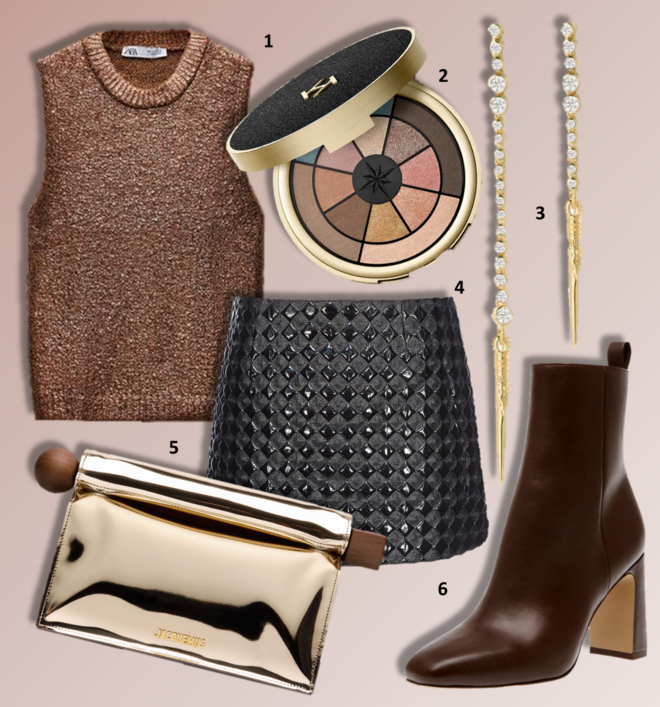 1. Camisola, €22,95, Zara; 2. Paleta de sombras Holiday Wonderlights Festive Flash, €28,99, Kiko Milano; 3. Brincos Tayane, €150, ba&sh; 4. Saia, €265, Pinko; 5. Carteira Rond Carré, €850, Jacquemus; 6. Botins, €149,99, Steve Madden.