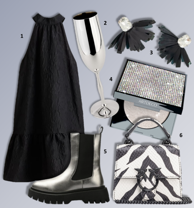 1. Vestido, €29,99, H&M; 2. Flute de champanhe, €545, Leitão & Irmão; 3. Brincos, €75, Bimba Y Lola; 4. Iluminador Diamond Beauty da coleção Glam Collectables, €22,95, Artdeco, exclusivo na Perfumes & Companhia; 5. Botas, €139, Scalpers; 6. Carteira Love Bag Micro, €255, Pinko.