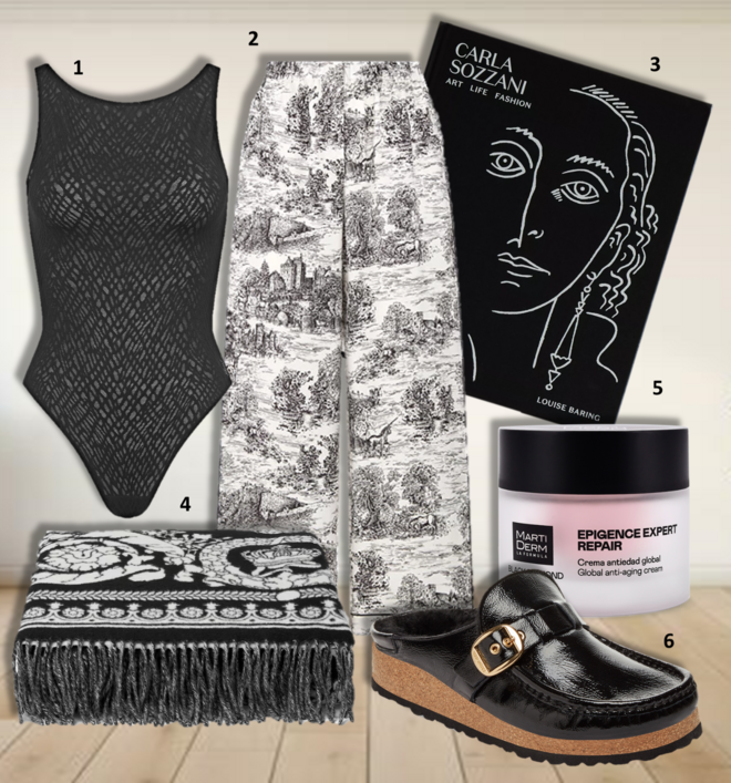 1. Body Zero Fell Bliss, €50, Sloggi; 2. Calças, €1900, Dior; 3. Livro Carla Sozanni, Art Life Fashion de Louise baring, €49,99, na Zara Home; 4. Manta, €1040, Versace; 5. Creme Black Diamond Epigence Expert Repair, 50 ml, €91,60, MartiDerm; 6. Socas Buckley Shearling, €190, Birkenstock. 