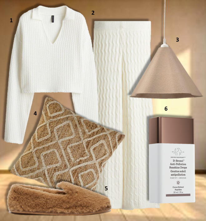 1. Camisola, €29,99, H&M; 2. Calças, €39,99, H&M; 3. Candeeiro suspenso Zebrasäv, €7,99, Ikea; 4. Almofada Gaman, €28, Banak; 5. Sapatos Teddy, €324, Max Mara; 6. Gotas Bronzeadoras AntioxidantesD-Bronzi™, 30ml, €39,99, Drunk Elephant 