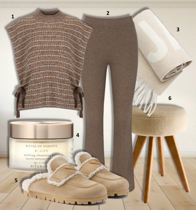 1. Camisola, Slow Love (preço sob consulta); 2. Calças Mywear Smart Thermal Skinny, €40, Triumph; 3. Cachecol, €190, Jacquemus; 4. Bálsamo de limpeza The Ritual of namaste, €14,90, Rituals; 5. Socas, €990, Prada; 6. Banco, €69,99, Zara Home.