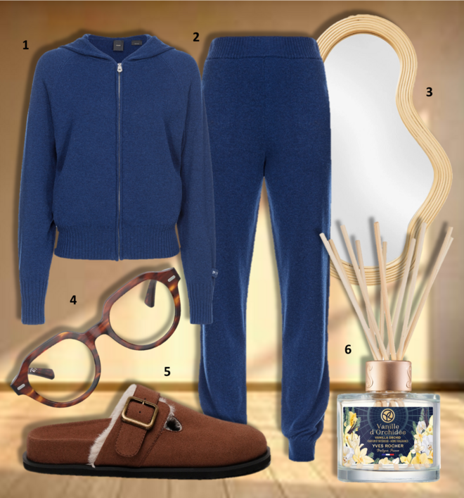1. Casaco, €295, Pinko; 2. Calças, €265, Pinko; 3. Espelho Pond, €269, Ferm LIVING na Westwing; 4. Óculos de ótica Gina, €173, Ray-Ban; 5. Socas Clog Vegan Suede, €54,90, Paez; 6. Ambientador Parfum D'Intérieur Vanille d'Orchidée, €29,95, Yves Rocher. 