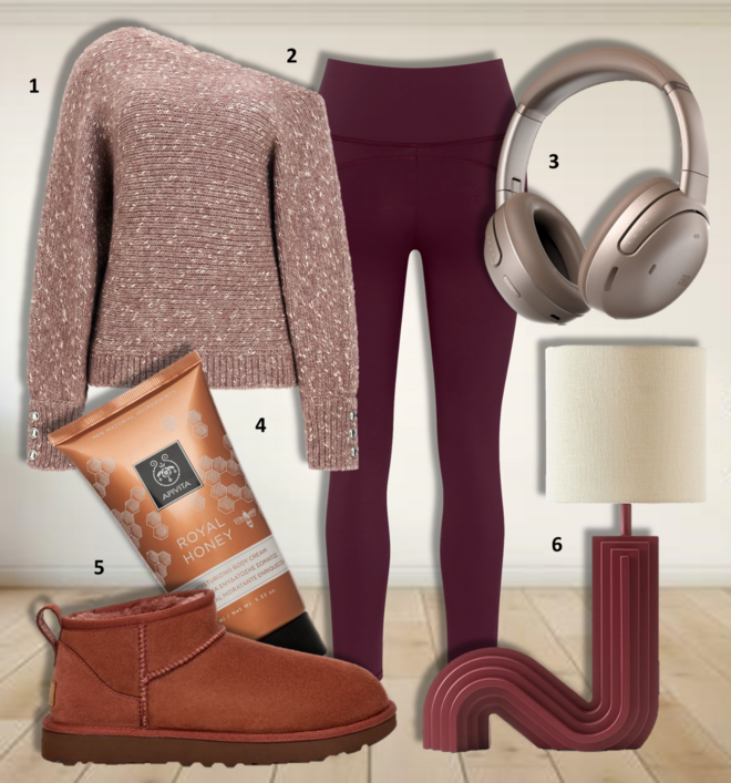 1. Camisola, €110, Guess; 2. Leggings Cardio RTW High-Rise, €45, Triumph; 3. Auscultadores Tour ONE M3, a partir de €349,99, JBL; 4. Creme de corpo hidratante Royal Honey, 150ml, €14,74, Apivita; 5. Botas Classic, €169,95, UGG; 6. Candeeiro de mesa Luomo, €199, Westwing Collection. 